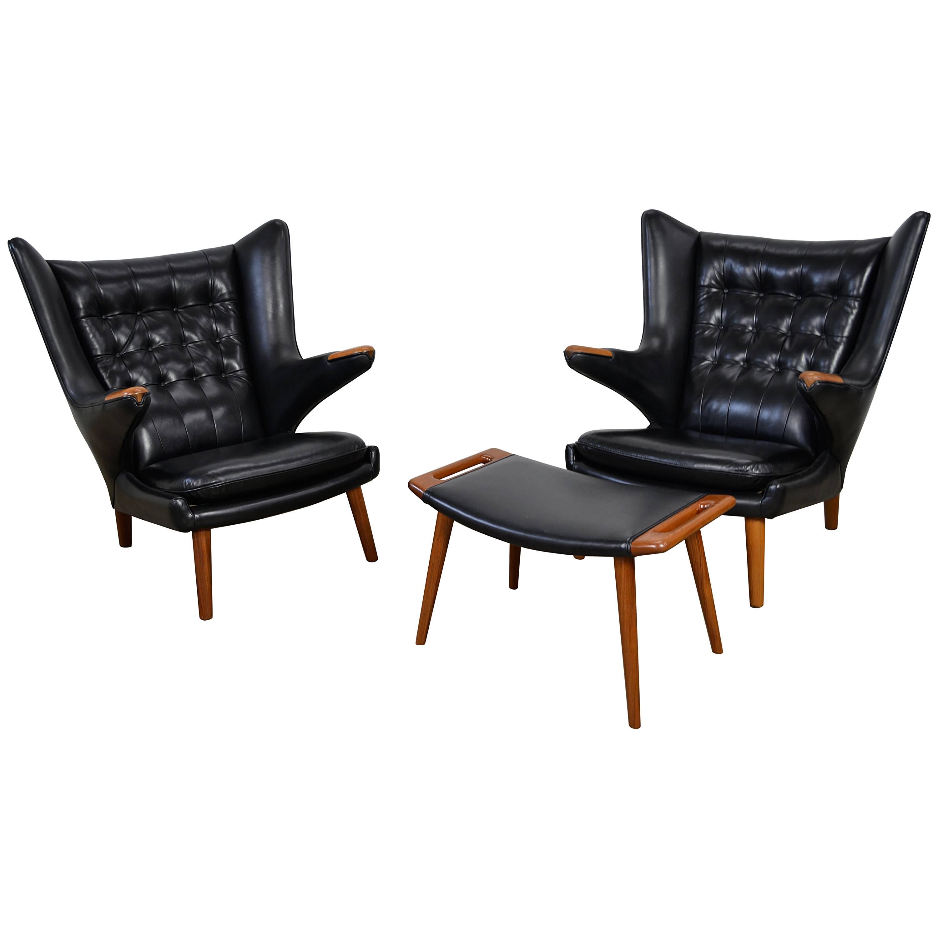 Hans Wegner Pair of Papa Bear Chairs with Ottoman in Leather For Sale