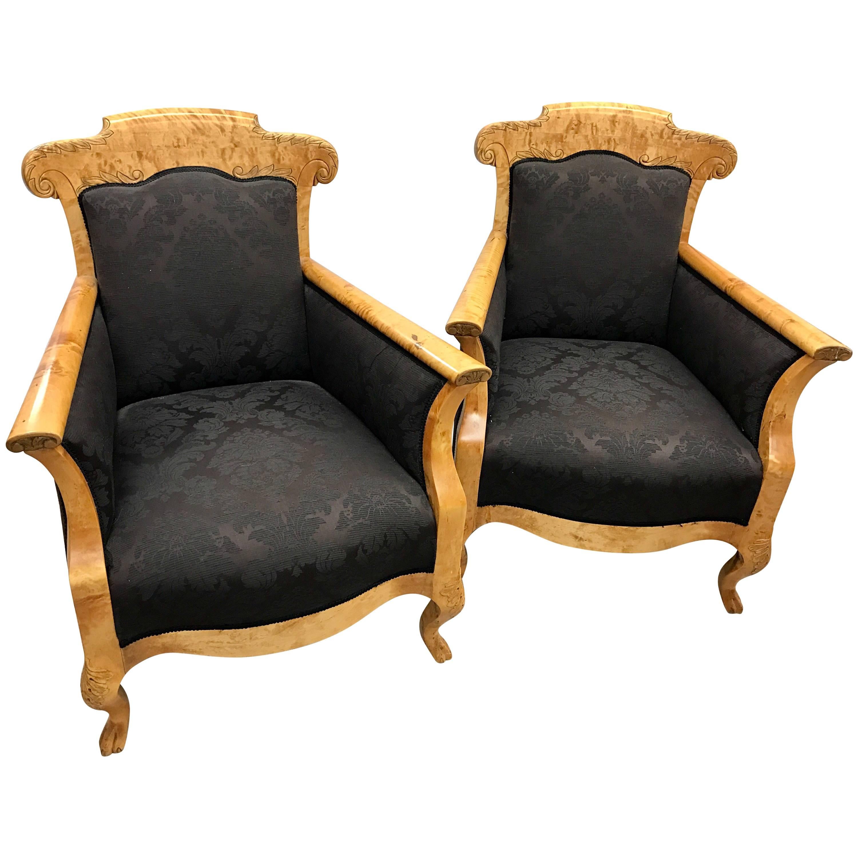 Pair of 19th Century Oversized Carved Biedermeier Bergere Chairs