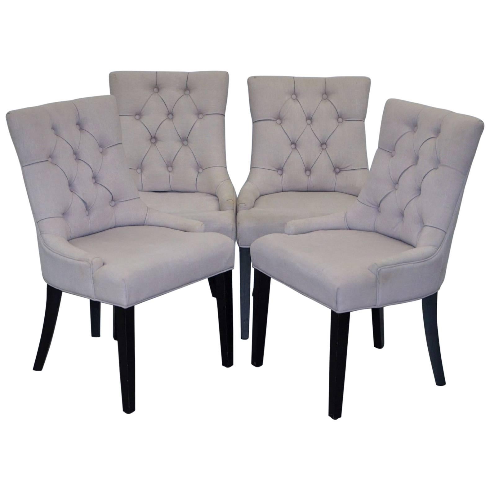 Set of Four Dining Chairs, Grey Fabric Chesterfield
