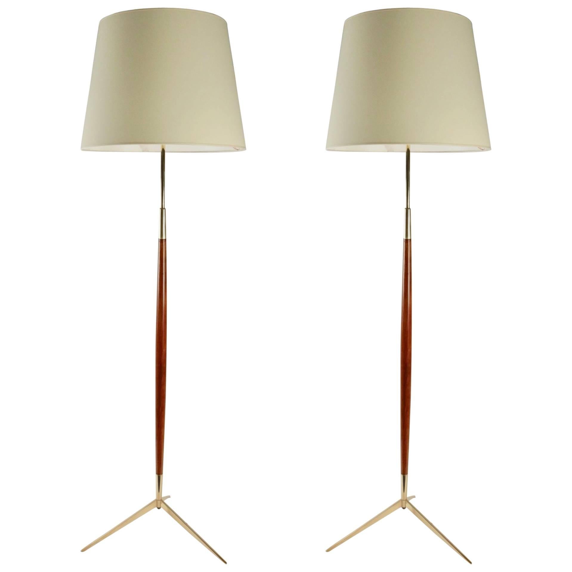 1950 Pair of Brass and Wood Tripod Floor Lamps Attributed to Stilnovo