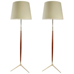 1950 Pair of Brass and Wood Tripod Floor Lamps Attributed to Stilnovo
