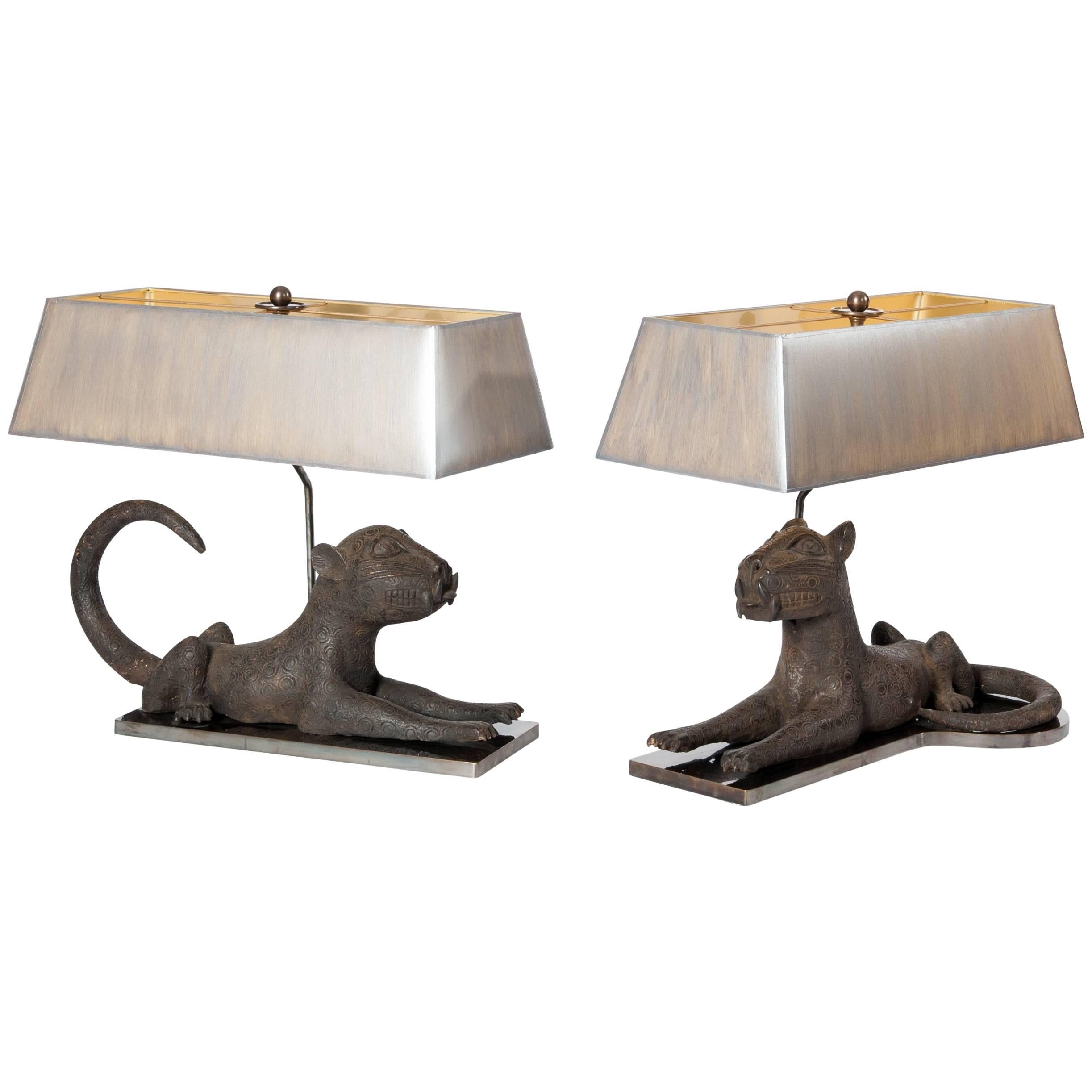 Pair of Colonial Bronze Leopards from Benin, Purpose Built Lamp Construction