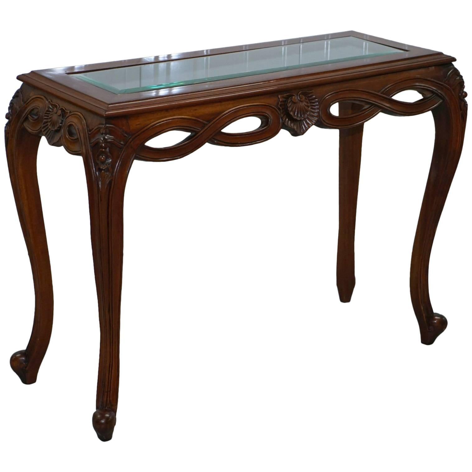 Stunning Long Elegant Cabriole Legged Console Mahogany Table Beveled Glass Top