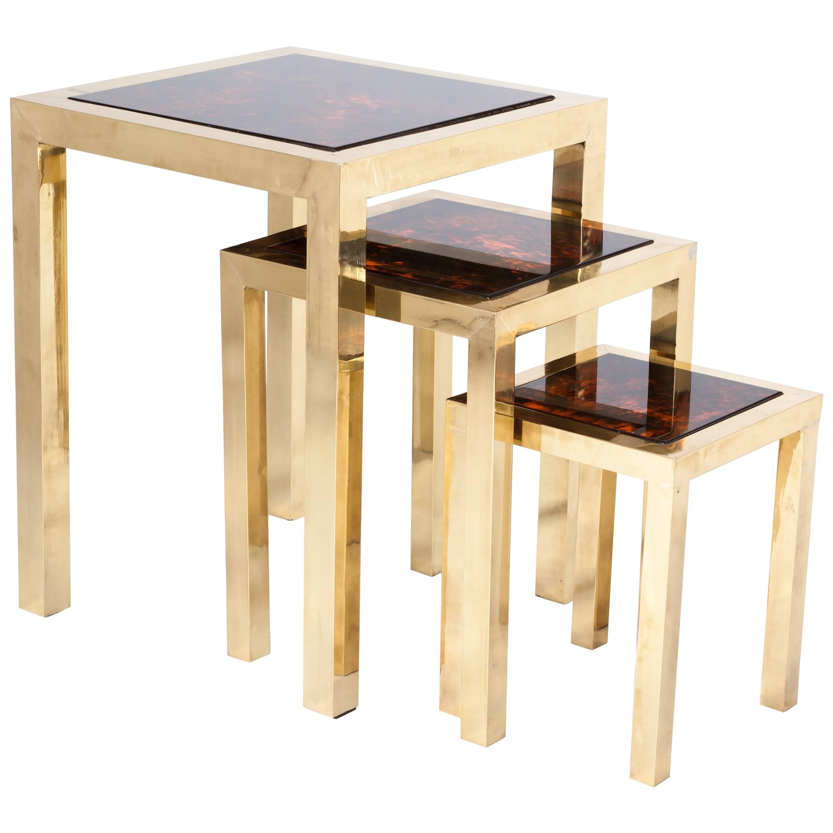 Midcentury Italian Set of Brass Nesting Tables in Gold-Brown by Romeo Rega 1970s For Sale