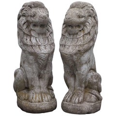 Pair of Lovely Antique Signed C Garden Lions Medium Height Naively Old Cut