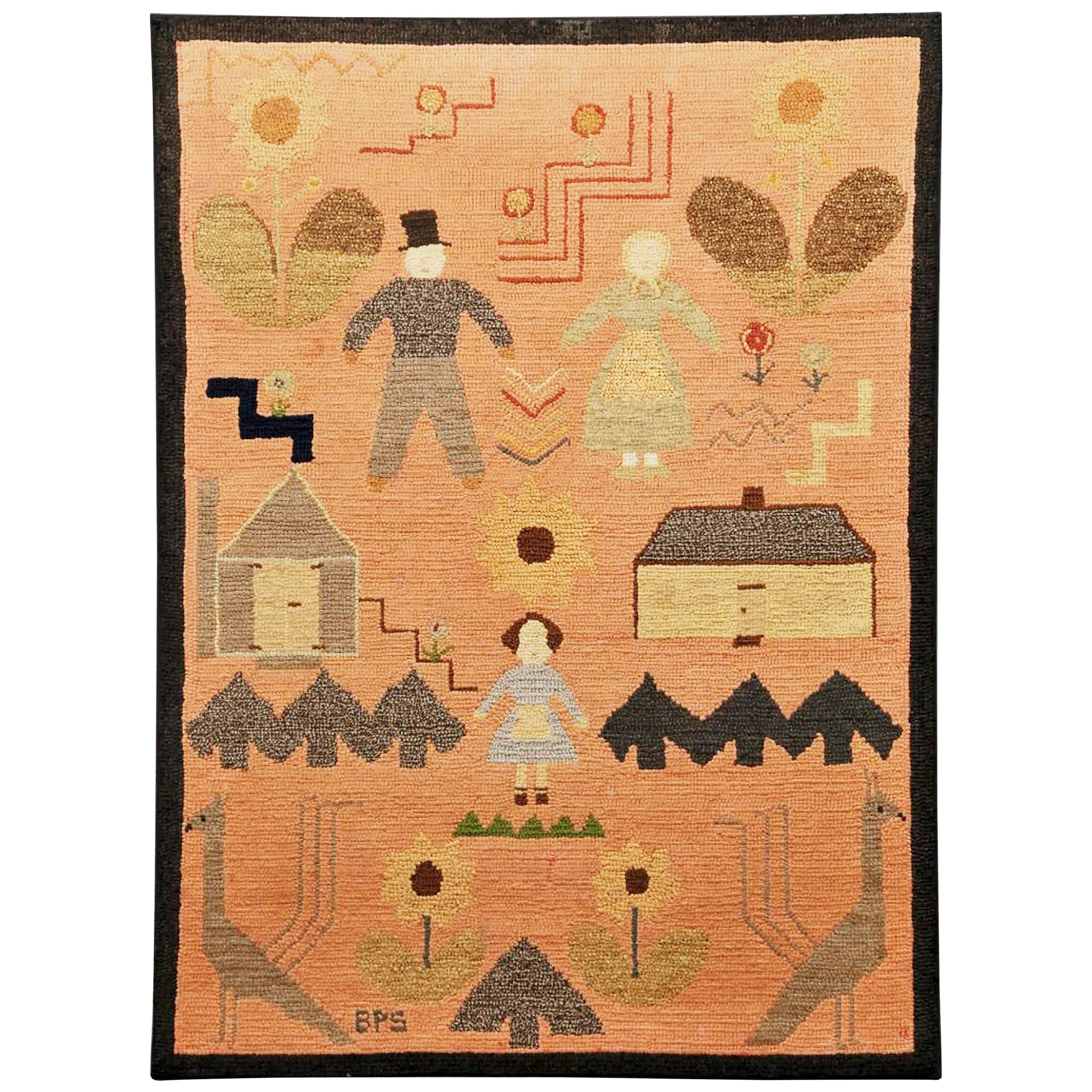 American Folk Art Pictorial Hooked Rug, Mounted on Stretcher, Late 19th Century