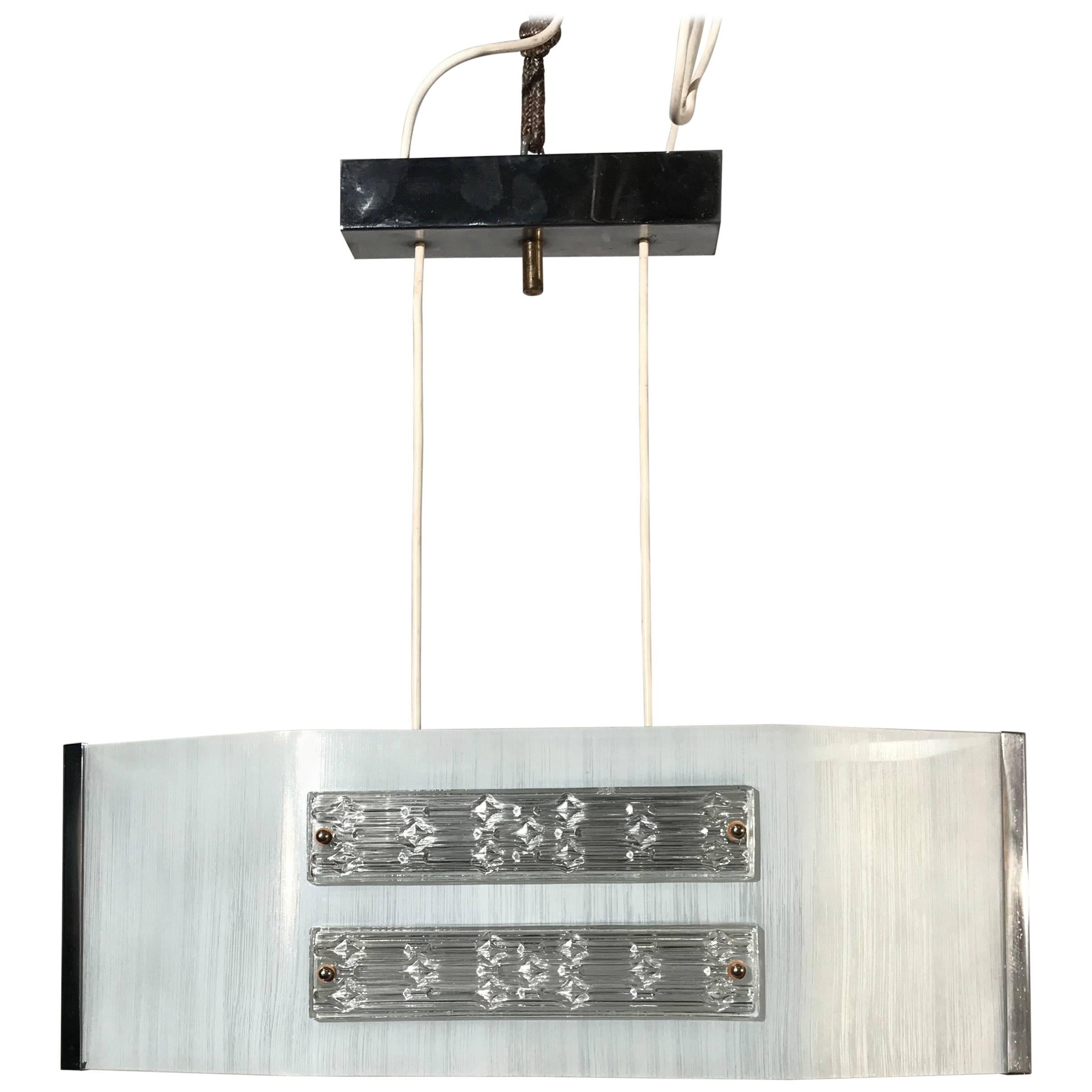 Rare Midcentury, Modernist Brass Chrome and Art Glass Pendant or Ceiling Lamp For Sale