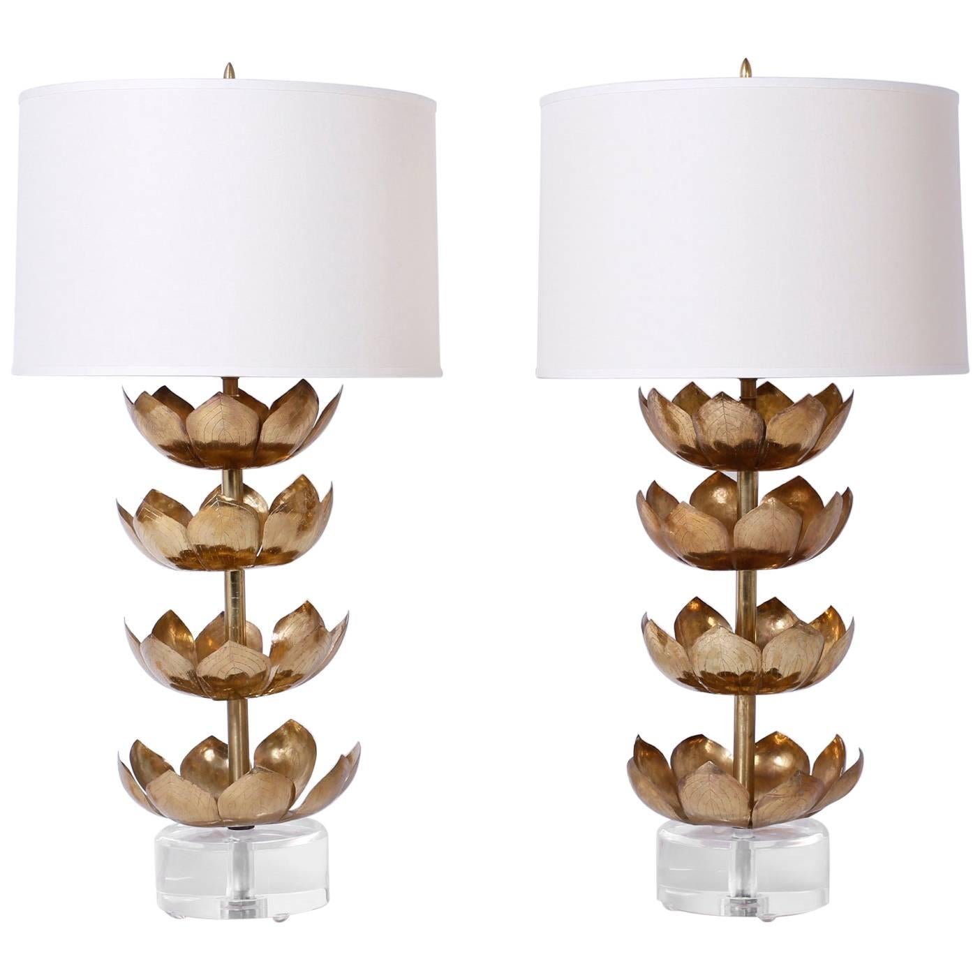 Pair of Lotus Leaf Table Lamps on Lucite Bases