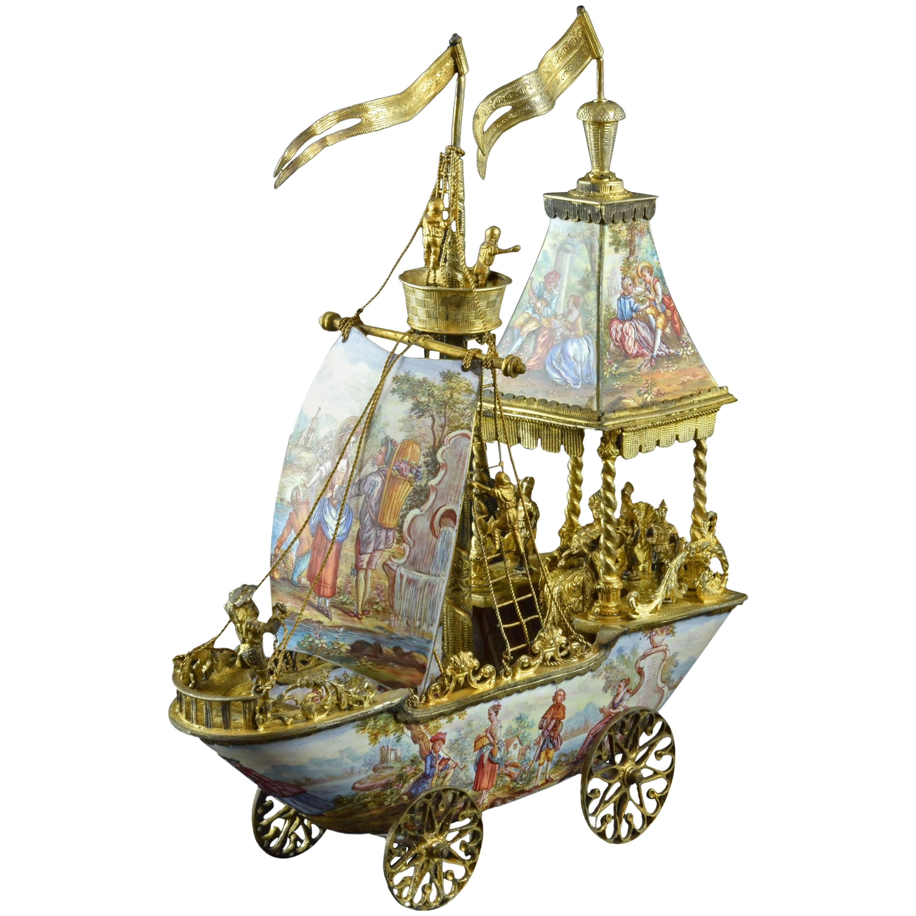 Viennese Enameled Boat, Gilt Silver and Enamel, 19th Century