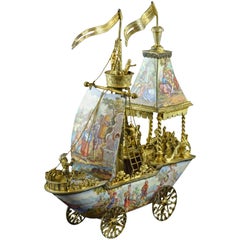 Antique Viennese Enameled Boat, Gilt Silver and Enamel, 19th Century