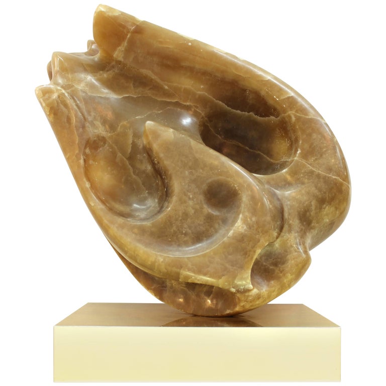 Modernist Abstract Carved Onyx Sculpture on Brass Base at 1stDibs