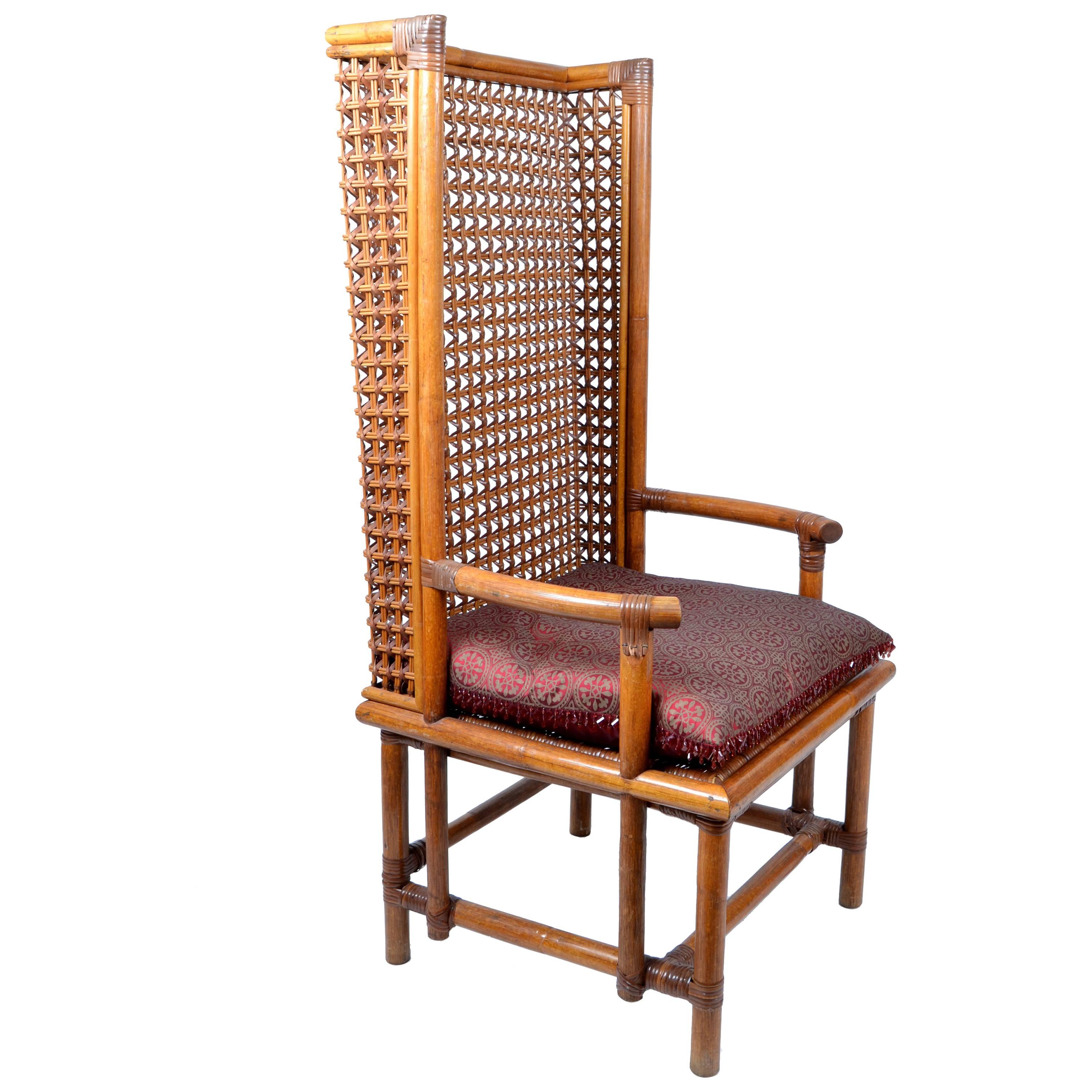 Vintage Bamboo and Cane Chinese Chinoiserie Style High Back Chair