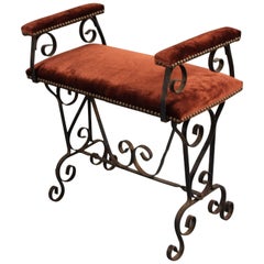 1920s Spanish Revival Iron Bench with Red Velvet Upholstery