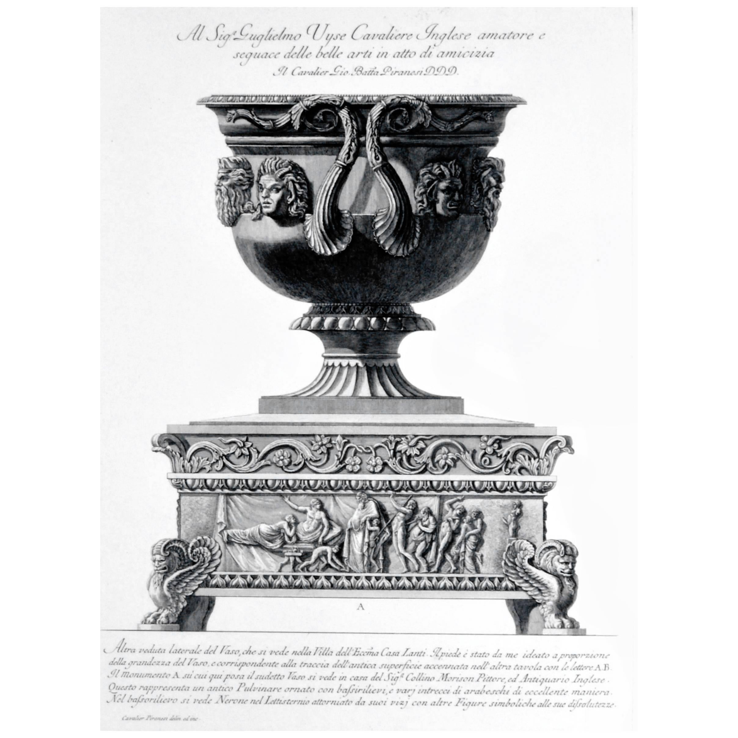 Large framed etching of a massive urn by Francesco Piranesi in the style of his father, Giovanni Battista Piranesi, plate 549 #43,
signed lower left on plate Cavalier Piranesi Delin, ed inc.
Paris edition, ca. 1820 (early 19th century).
From the