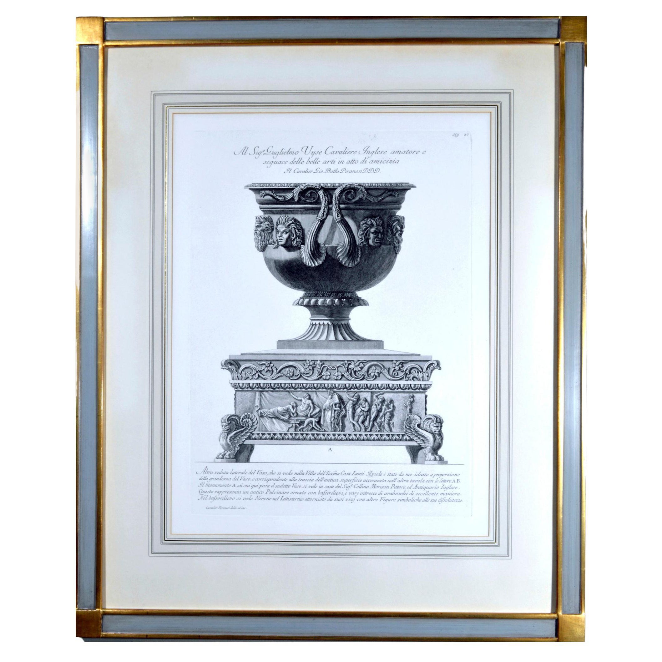 Aguafuerte enmarcado de una urna maciza de Piranesi, lámina 549