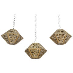 Trio Pierced Brass Asian Hexagon Shaped Ceiling Pendant Lights