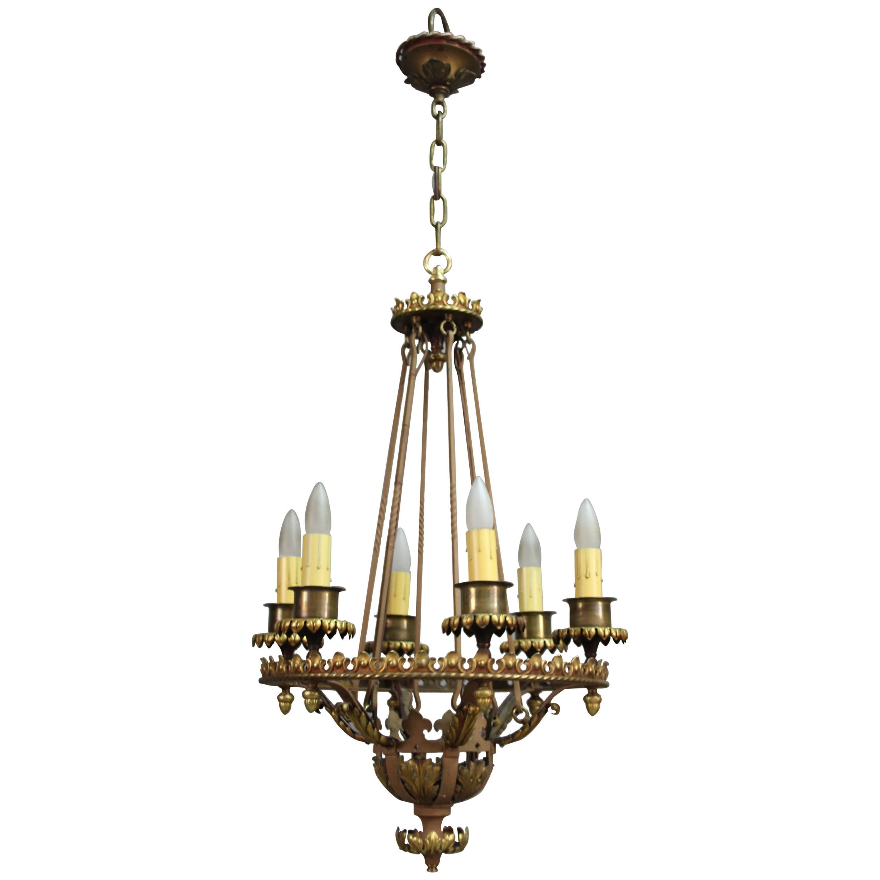 Antique 1920s Bronze and Iron Chandelier Light