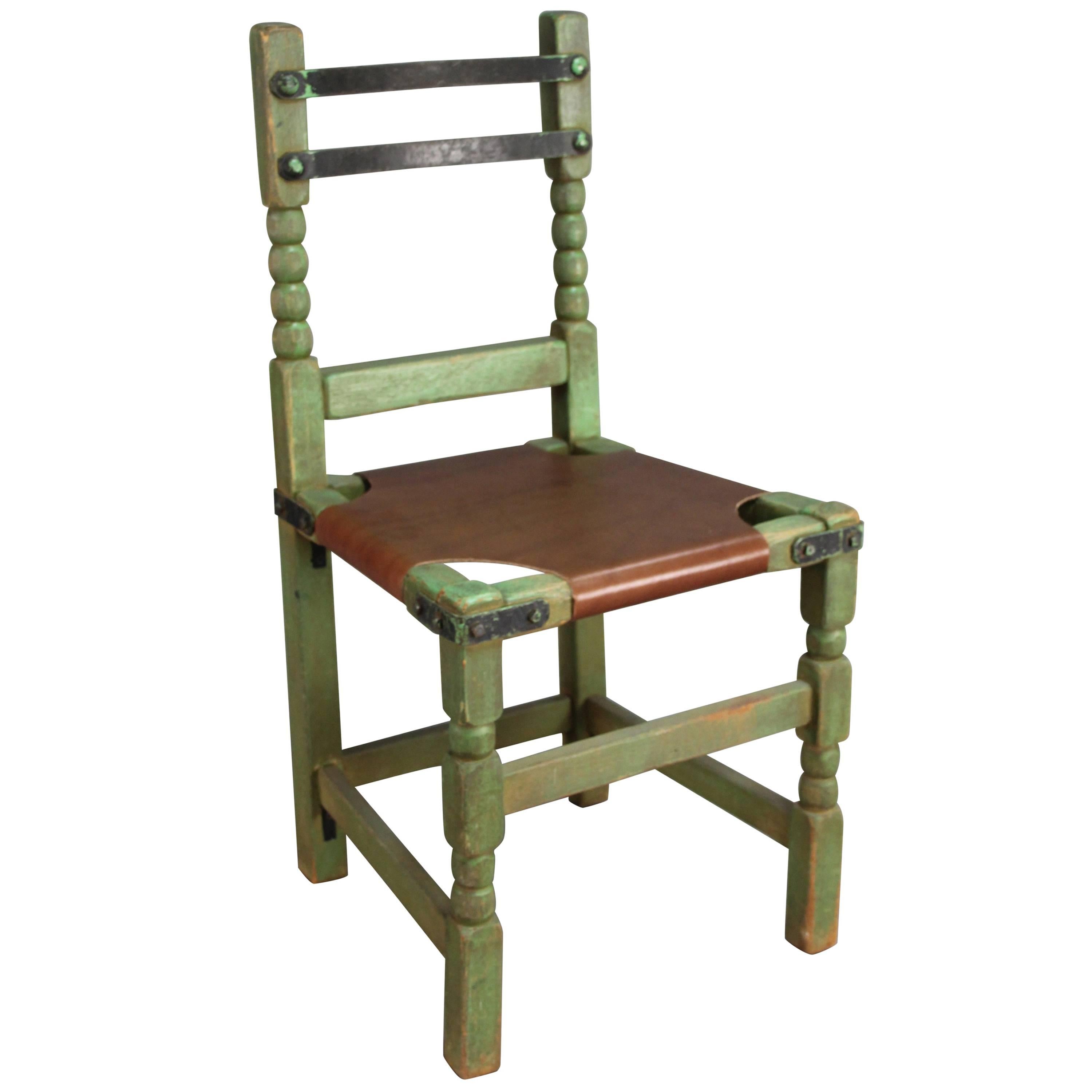 Rancho Monterey Green Side Chair with Iron Straps and Leather Upholstery