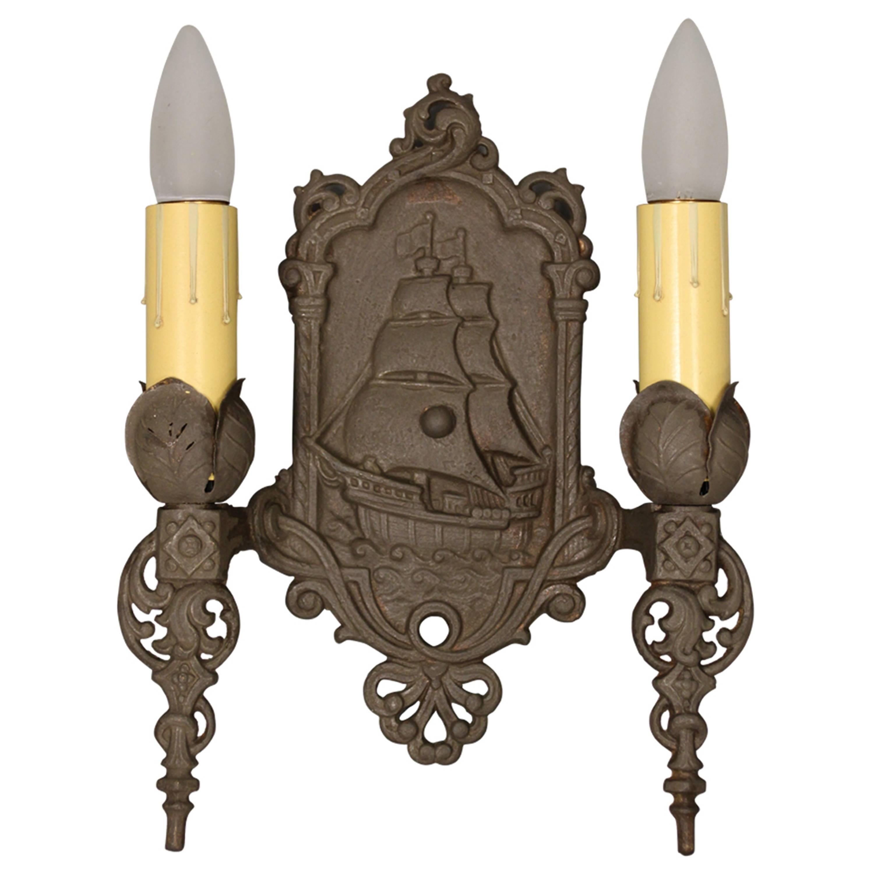 1 of 3 Antique Double Sconce With Galleon Motif