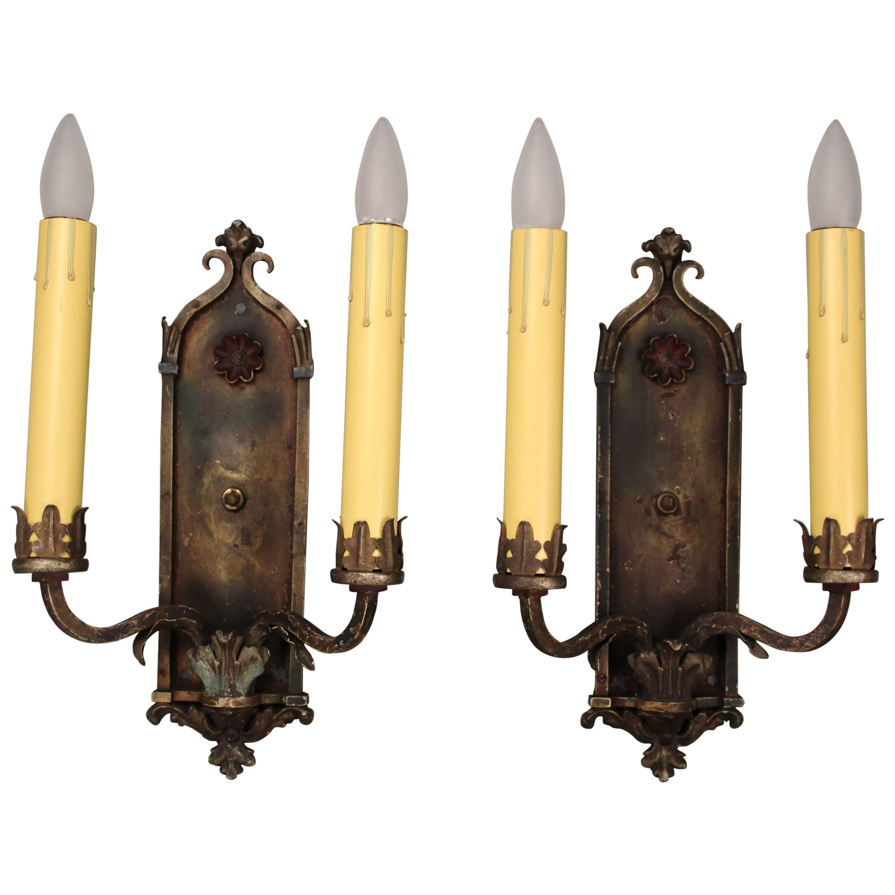 1920s Antique Pair of Stately Tudor Double Sconces