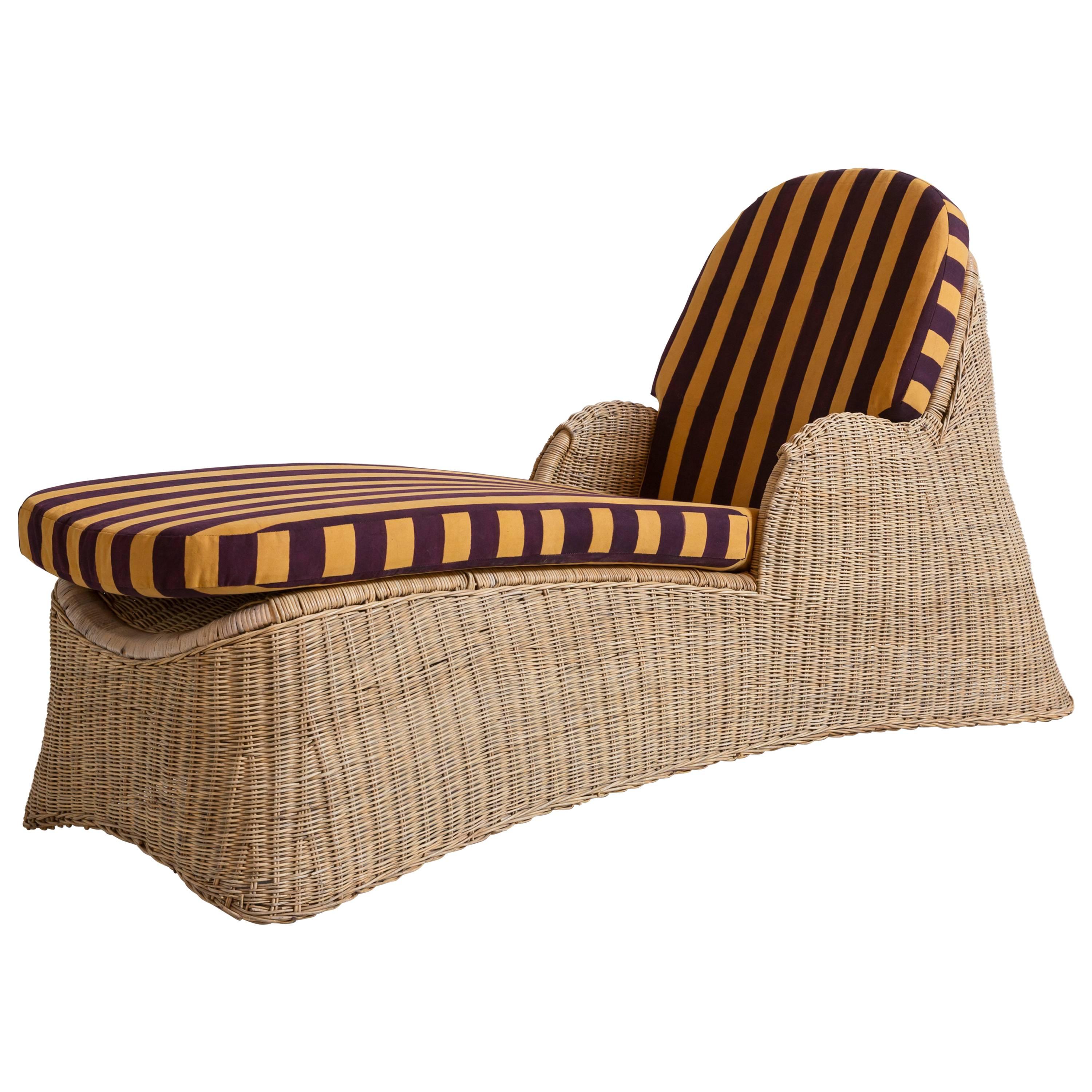 Wicker Chaise Newly Upholstered in Lisa Corti Purple and Yellow Striped Fabric