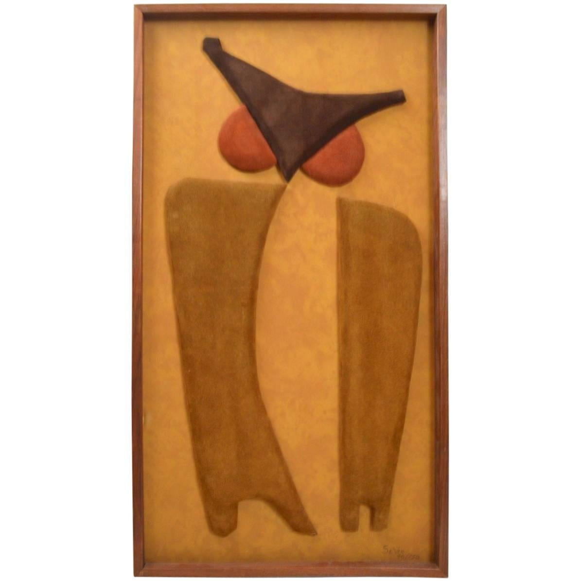 Stylized Owl Wall Hanging in Suede Trapunto For Sale