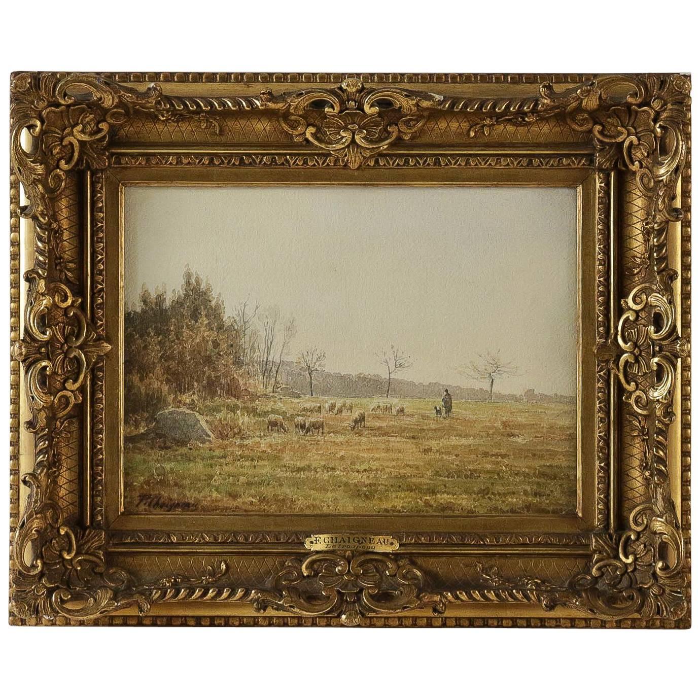 Chaigneau Jean Ferdinand, Watercolor, the Herd, Barbizon School, circa 1880