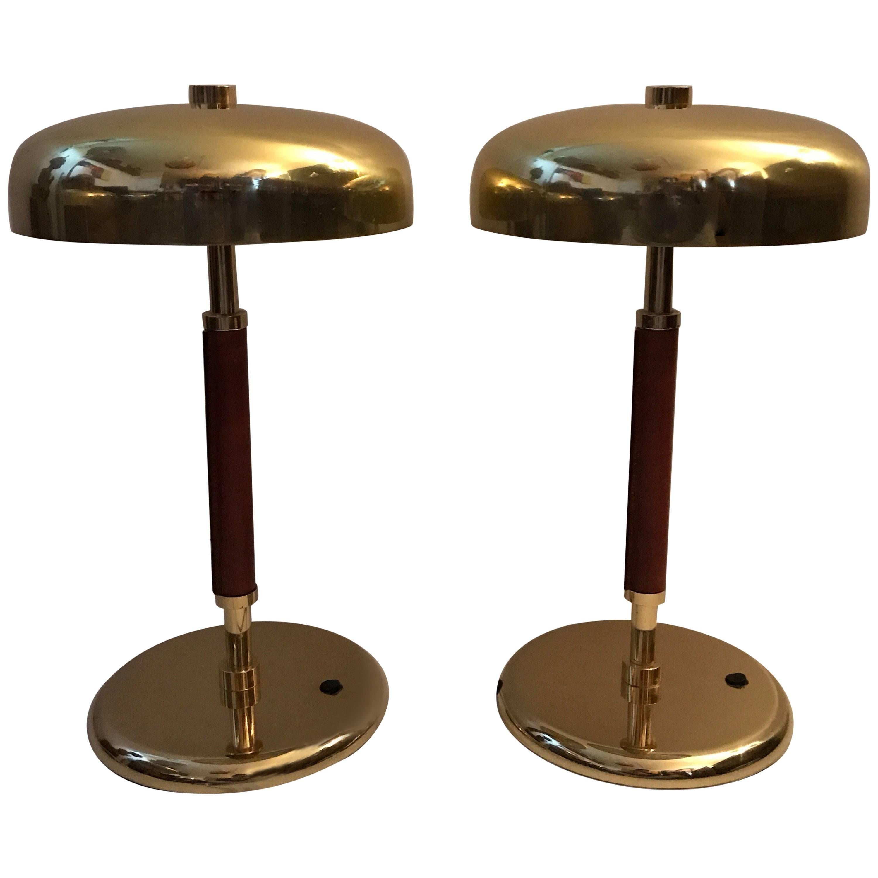 Very Rare Swedish Brass and Leather Table Lamps Small Model by Örsjö Industri Ab For Sale