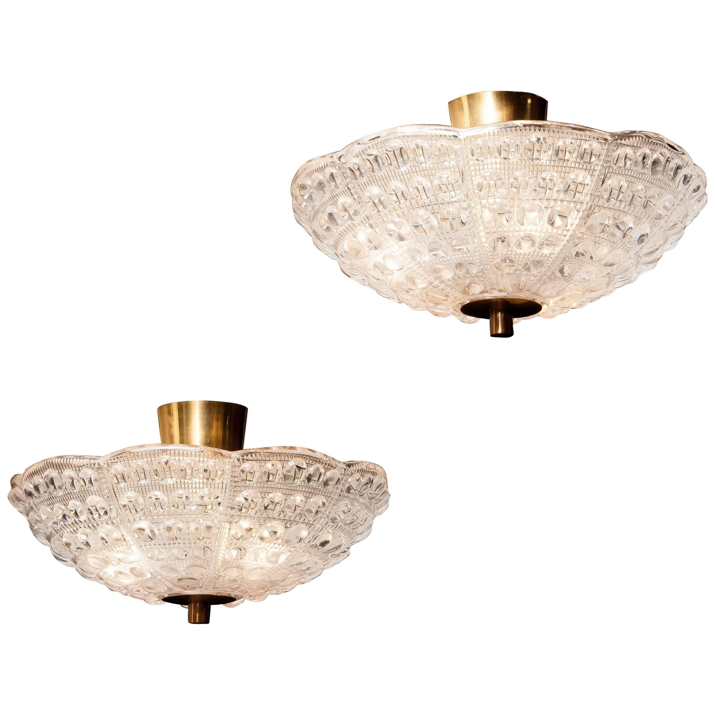 1960s, Crystal and Brass Ceiling Lights Pendants by Carl Fagerlund for Orrefors