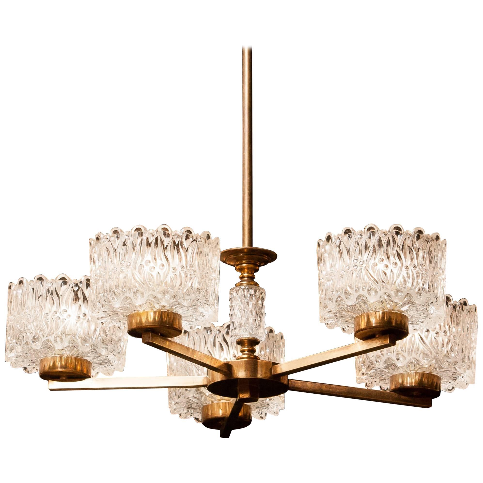 1960s Crystal and Brass Chandelier by Carl Fagerlund for Orrefors