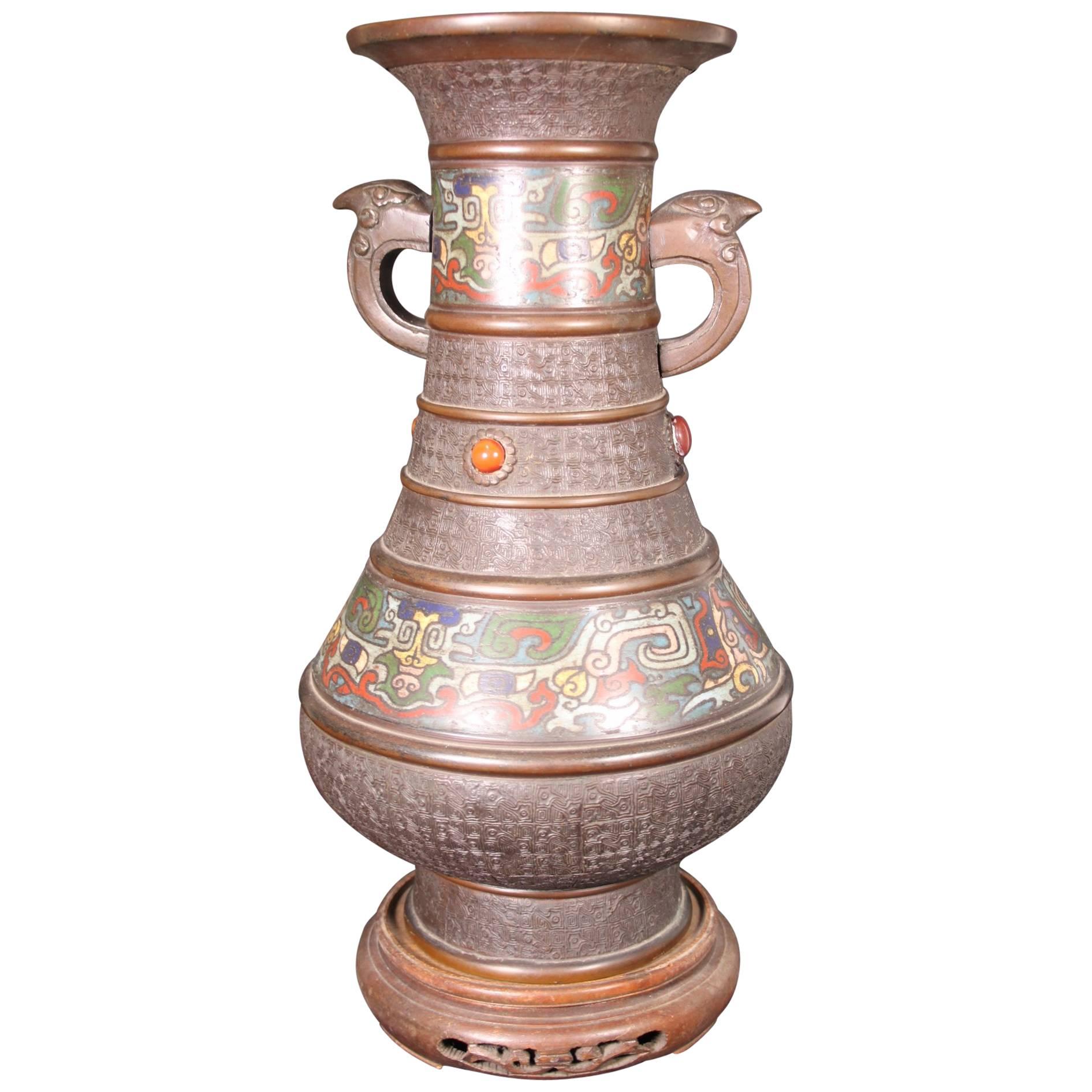 19th Century Japanese Bronze Cloisonne Enamel Vase with Elephant Handles For Sale