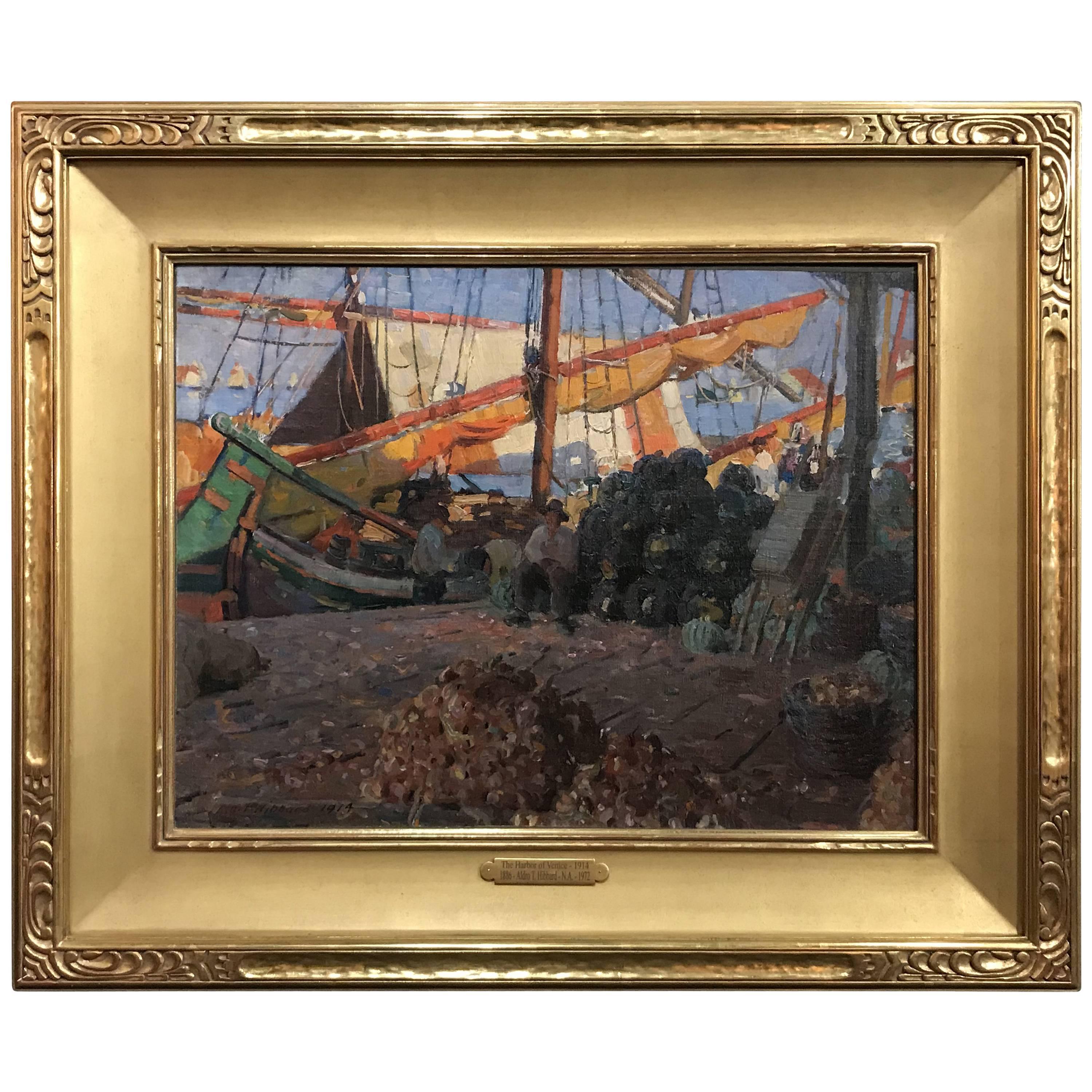 Aldro Thompson Hibbard Impressionist Oil Painting, Harbor of Venice, Italy, 1914