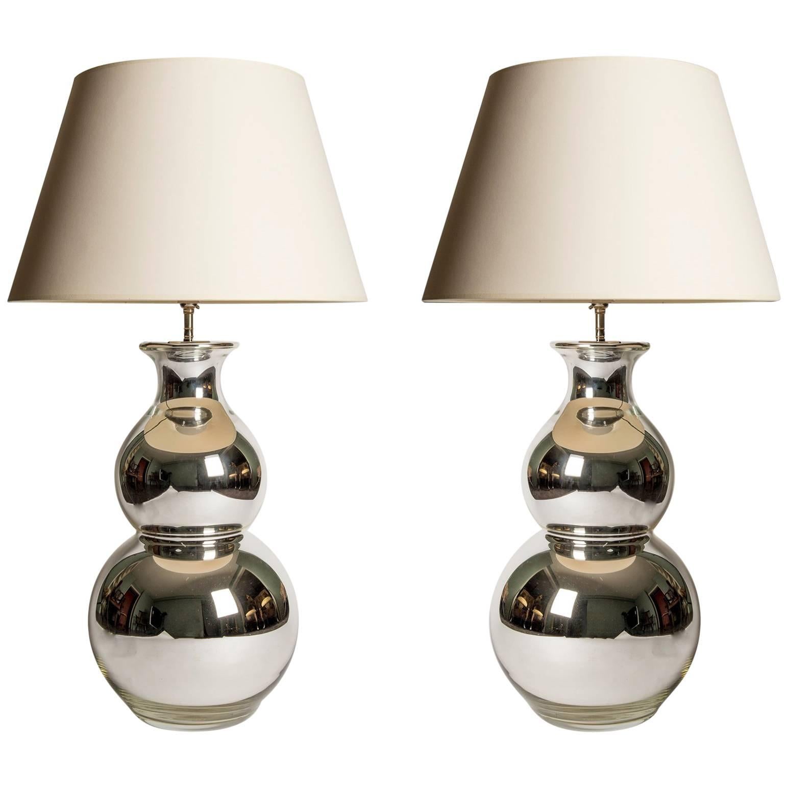 Pair Large-Scale Silvered Double Gourd Table Lamps, Scandinavian - circa 1960s