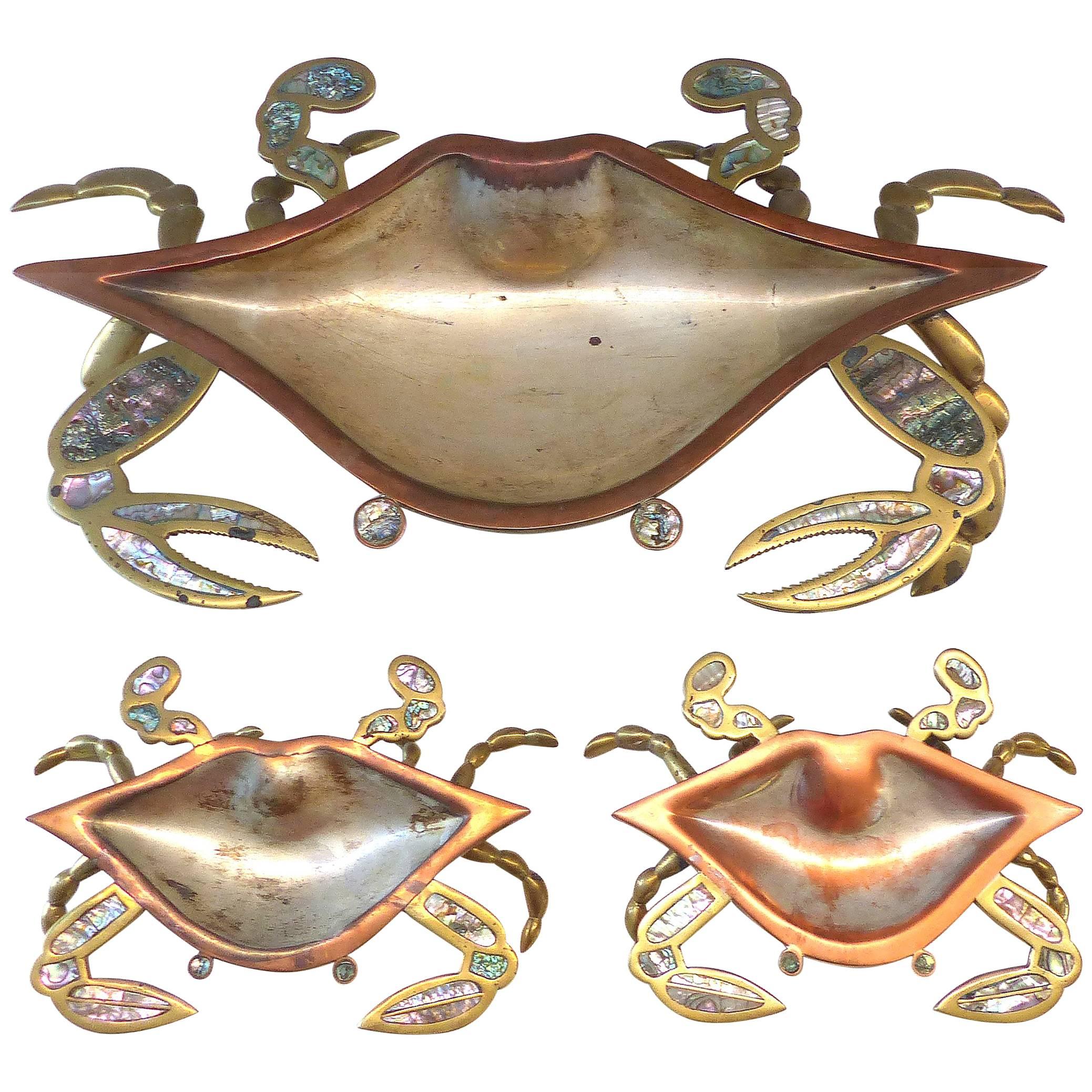 Monumental Los Castillos Style Abalone Metal Crab Bowl with Two Side Dishes