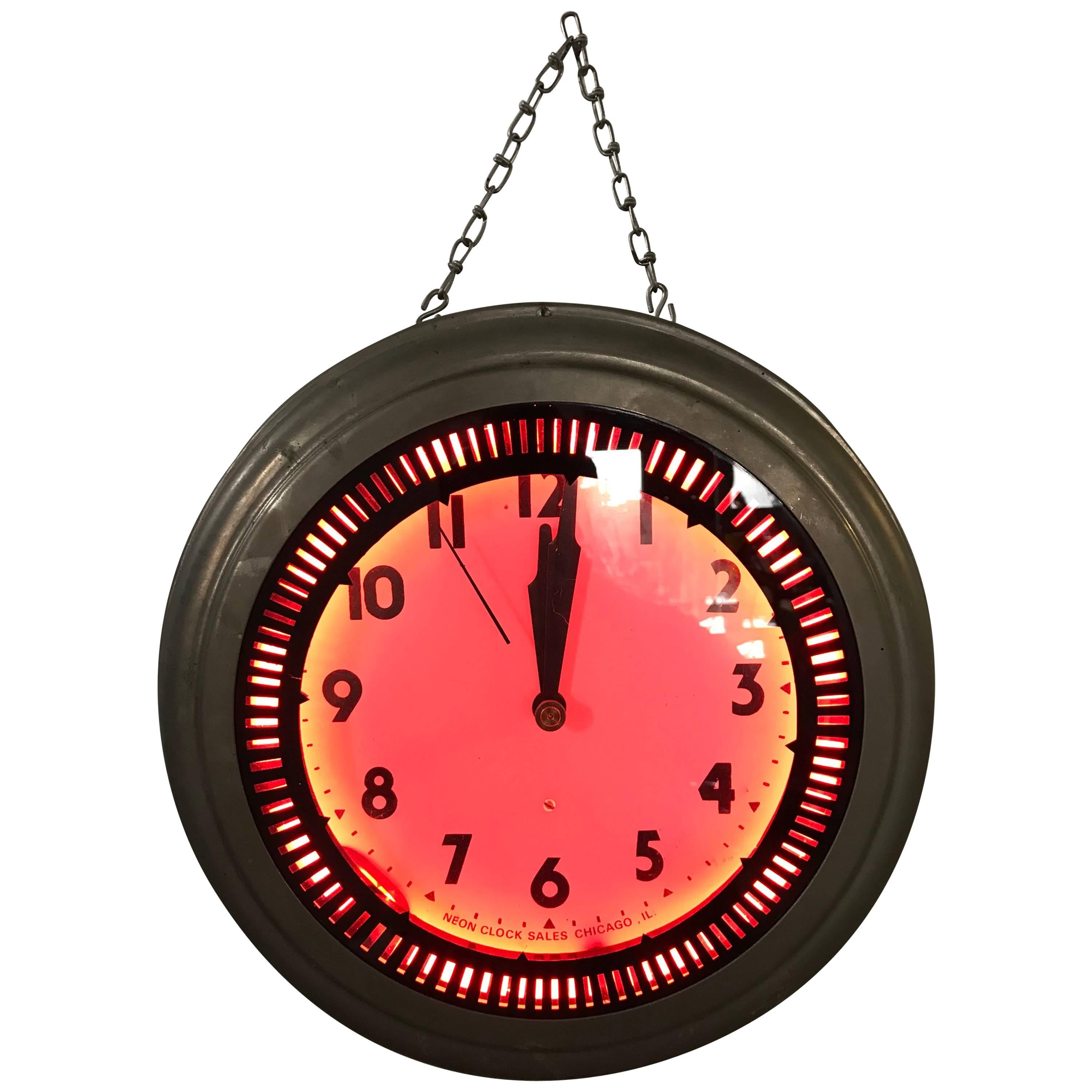 1930s Art Deco "Spinner" Neon Clock, Pink Glow, Neon Clock Sales Chicago