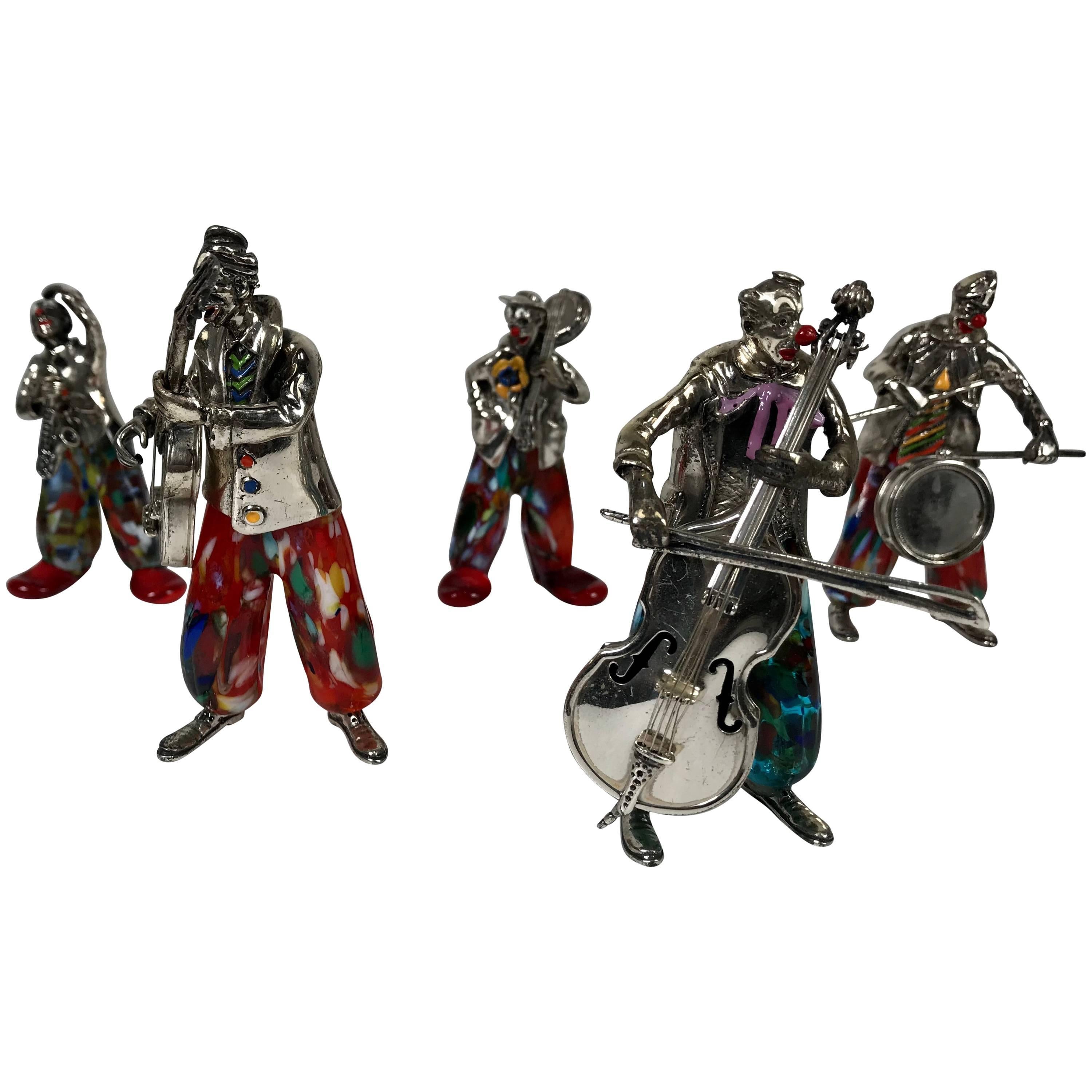 Set of Five Murano Glass and Sterling Silver Musical Clowns by Vittorio Angini