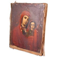 19th Century Soviet Russian Icon of Madonna and Jesus on Wood