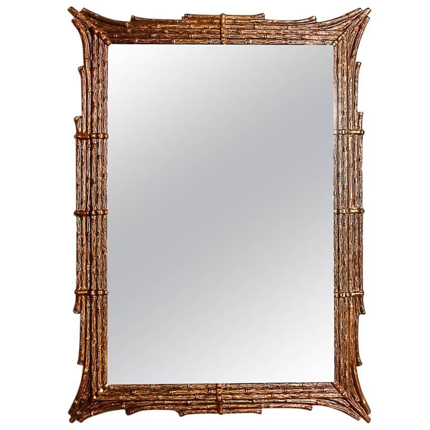 Hollywood Regency Faux Bamboo Gilt Wall Mirror For Sale