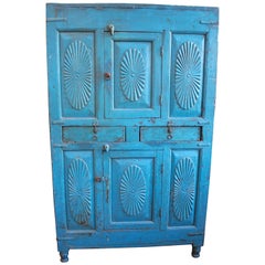 Colonial Antique Indian Hardwood Painted Cupboard in Azure Blue