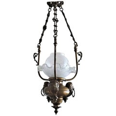 Late 19th Century French Empire-Style Brass Etched Glass Lantern, Pendant