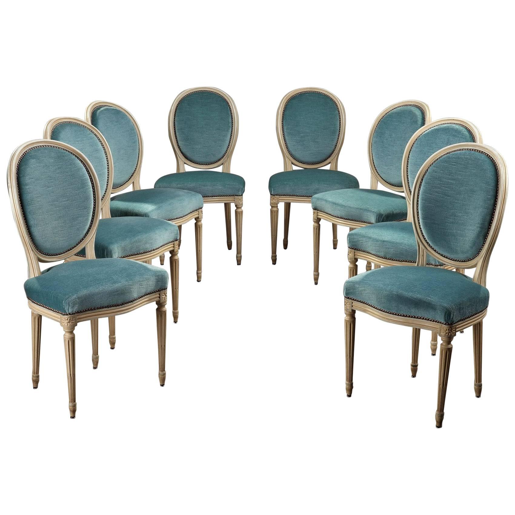 Late 19th Century Eight Chairs With Medallion Backrest in Louis XVI Style