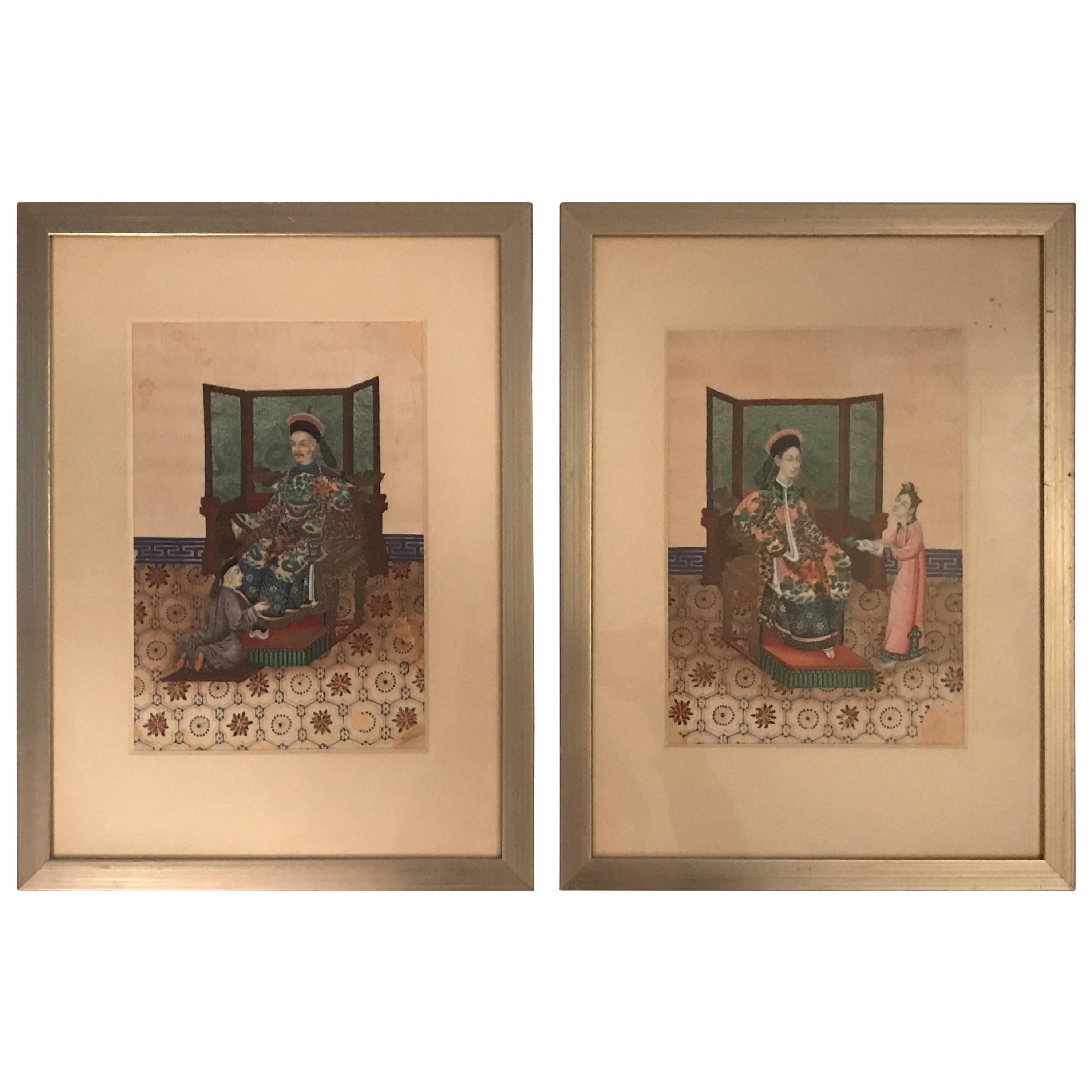 Pair of Very High Quality Antique Chinese Ancestor Portraits on Ricepaper For Sale