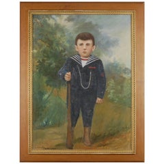 Large Naive Oil on Canvas of Boy Dressed as a Soldier