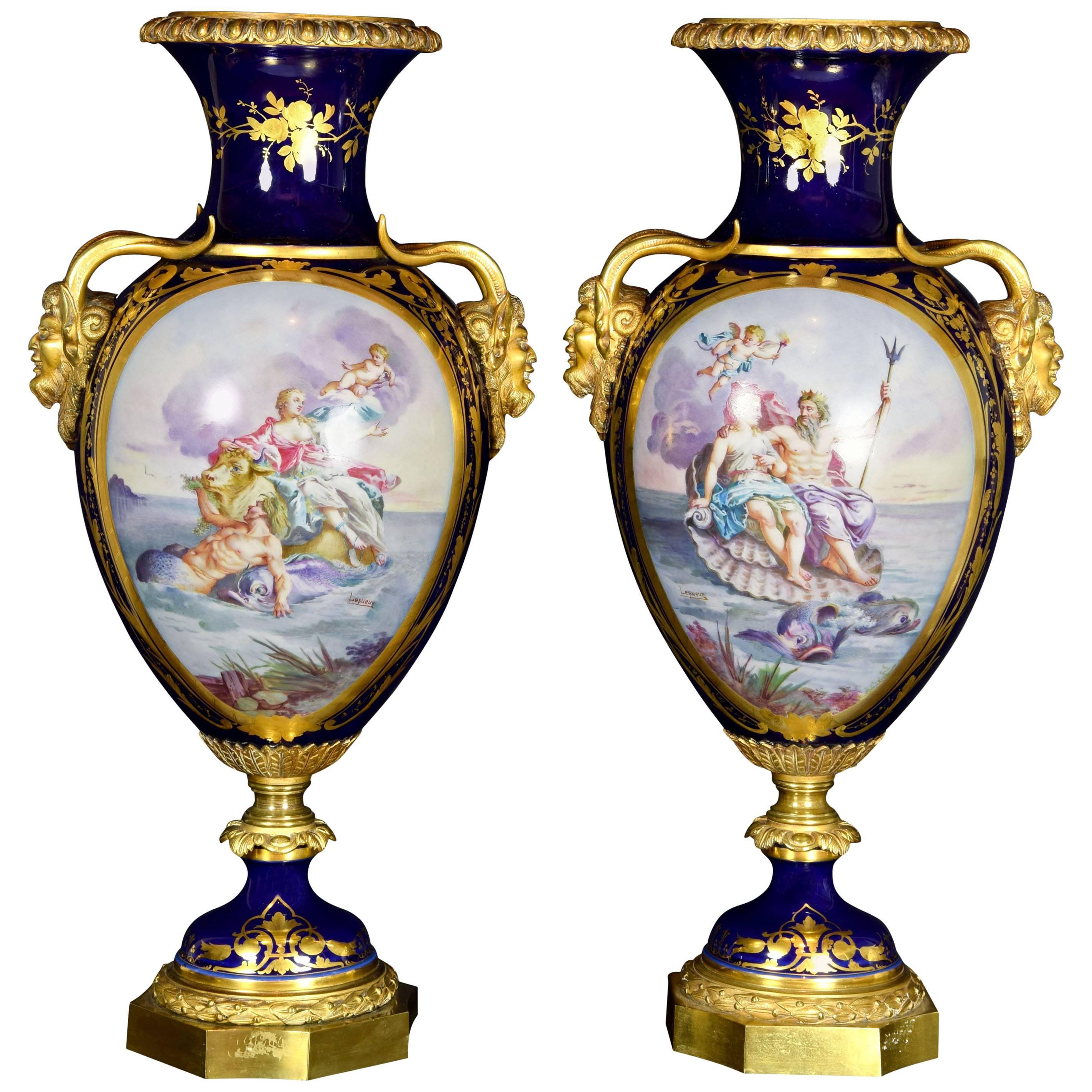 19th Century Porcelain Pair of Vases, Sèvres, France Scene after Lesueur