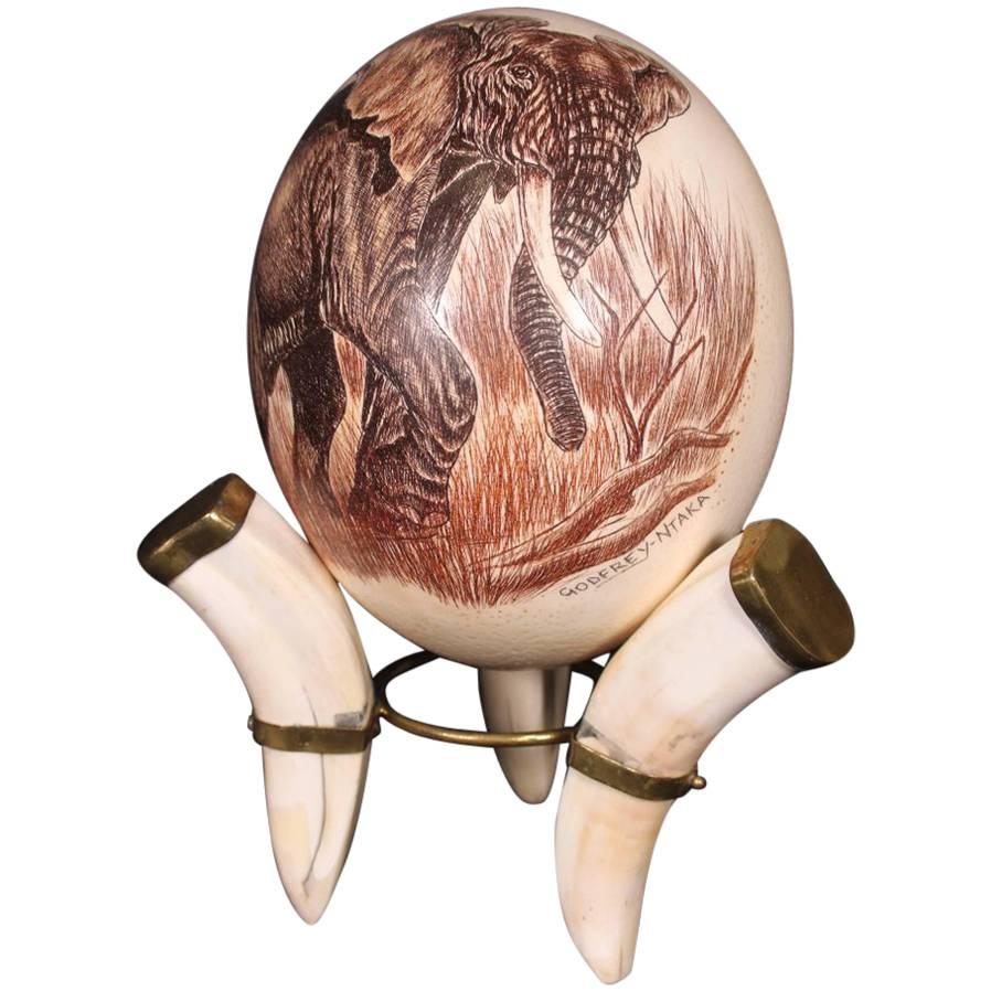 20th Century Ostrich Egg African Signed Carving Art Painting For Sale