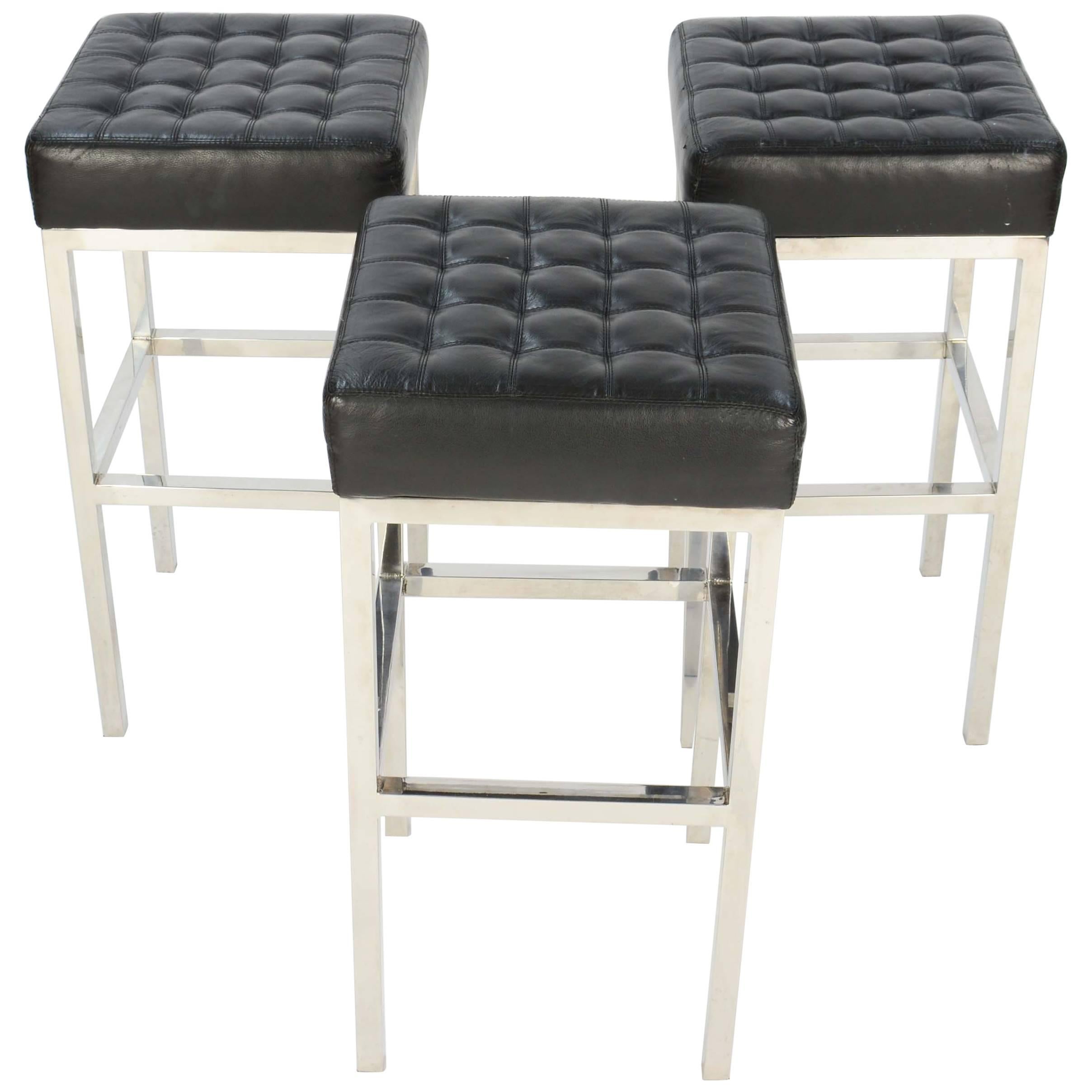 Trio of Tuffed Chrome and Leather Stools after Ludwig Mies van der Rohe