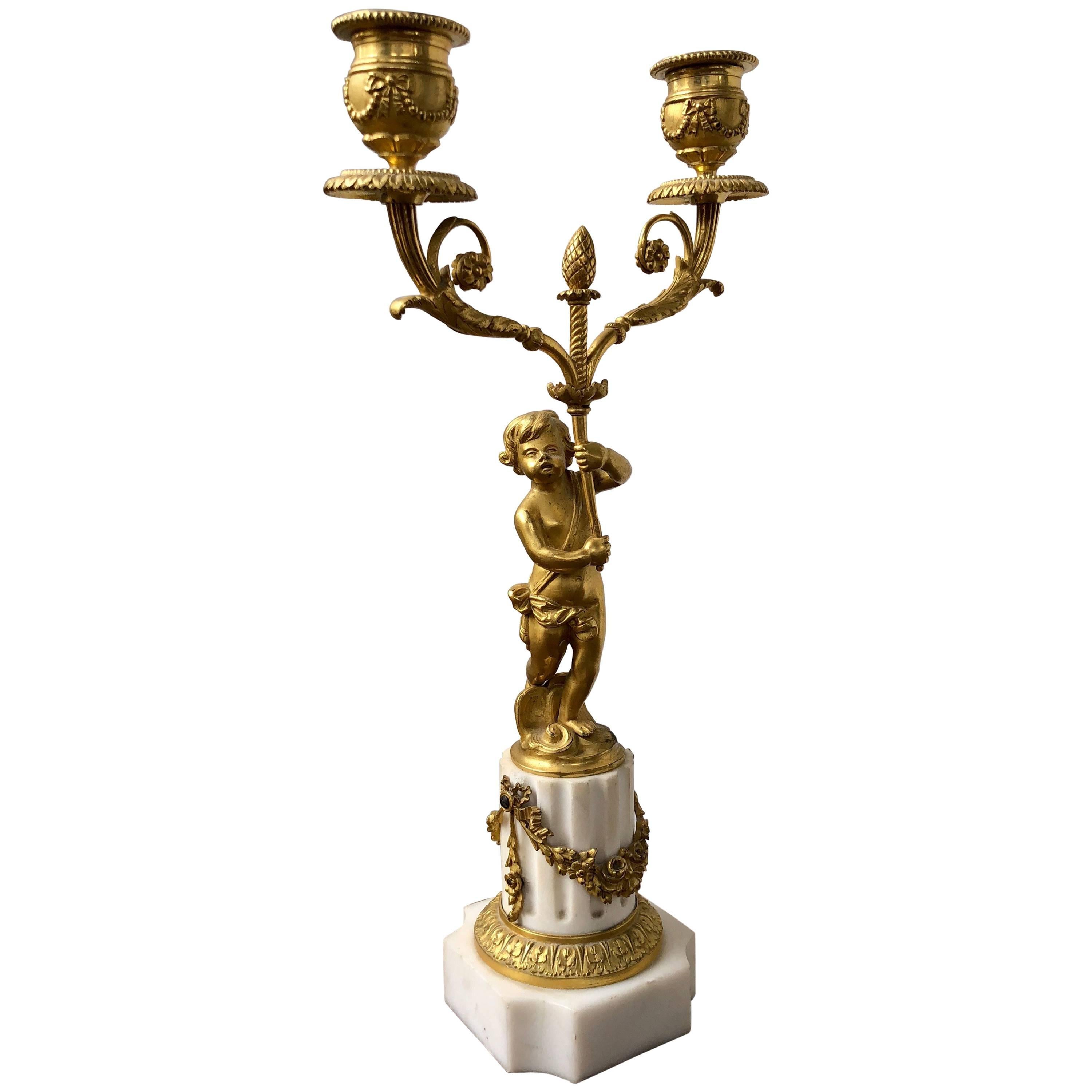 19th Century Two-Light Gilt Bronze and Marble Candelabrum