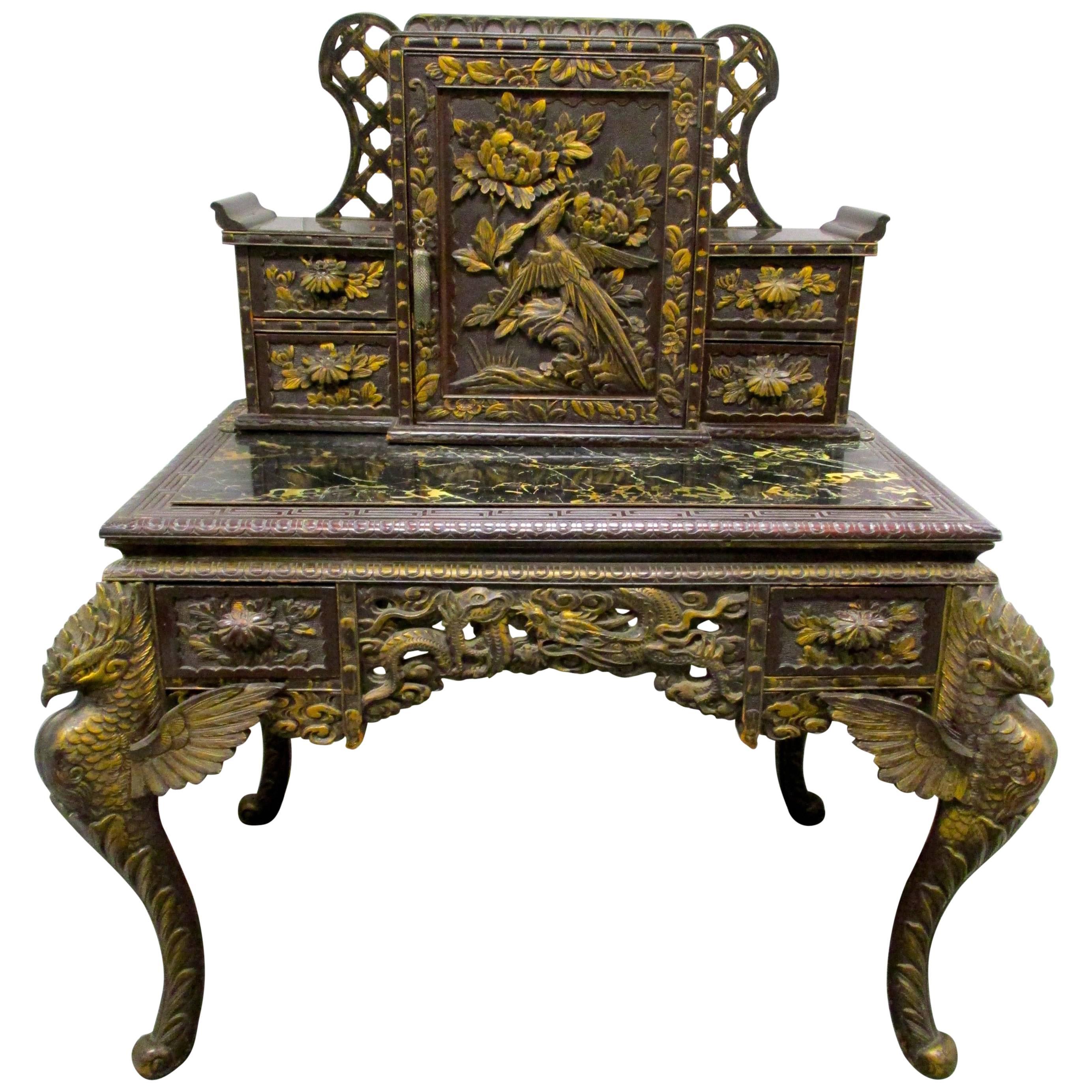 Asian Chinese Chinoiserie Carved Writing Desk Secretary