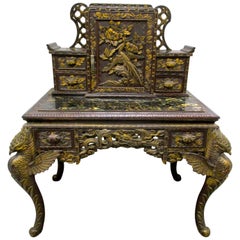 Antique Asian Chinese Chinoiserie Carved Writing Desk Secretary