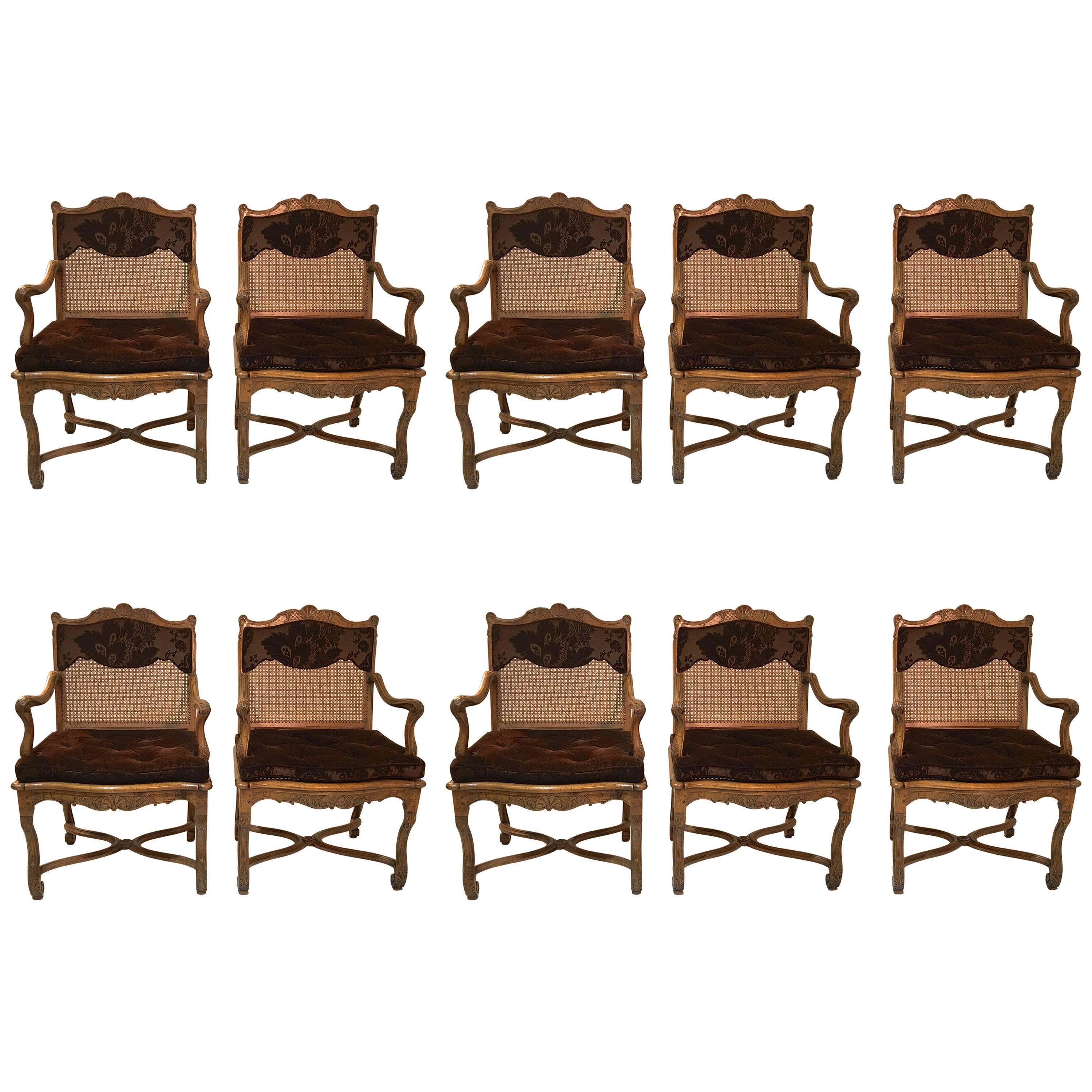 10 Don Ruseau Provincial Caned Walnut Dining Armchairs  For Sale